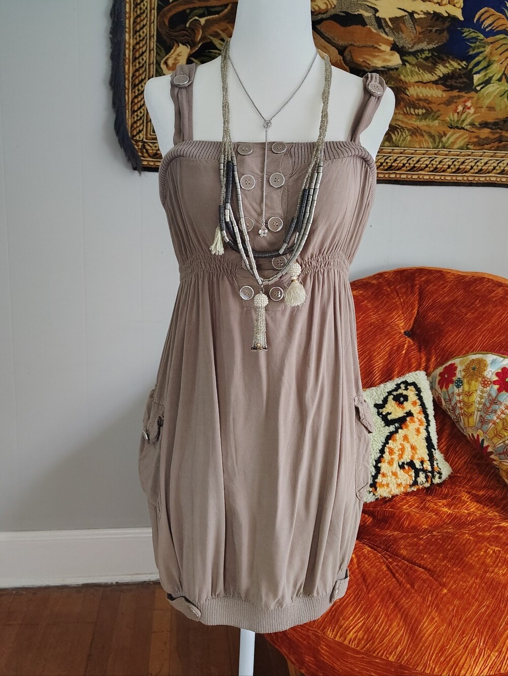 Y2K Light Brown Bubble Dress With Button Detail Small Emo Scene Twee Mini Dress